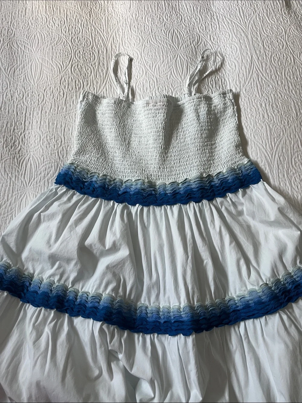 Oliphant White Cotton Maxi Dress with Blue Ric Rac Trim, Size Medium - Picture 6 of 10